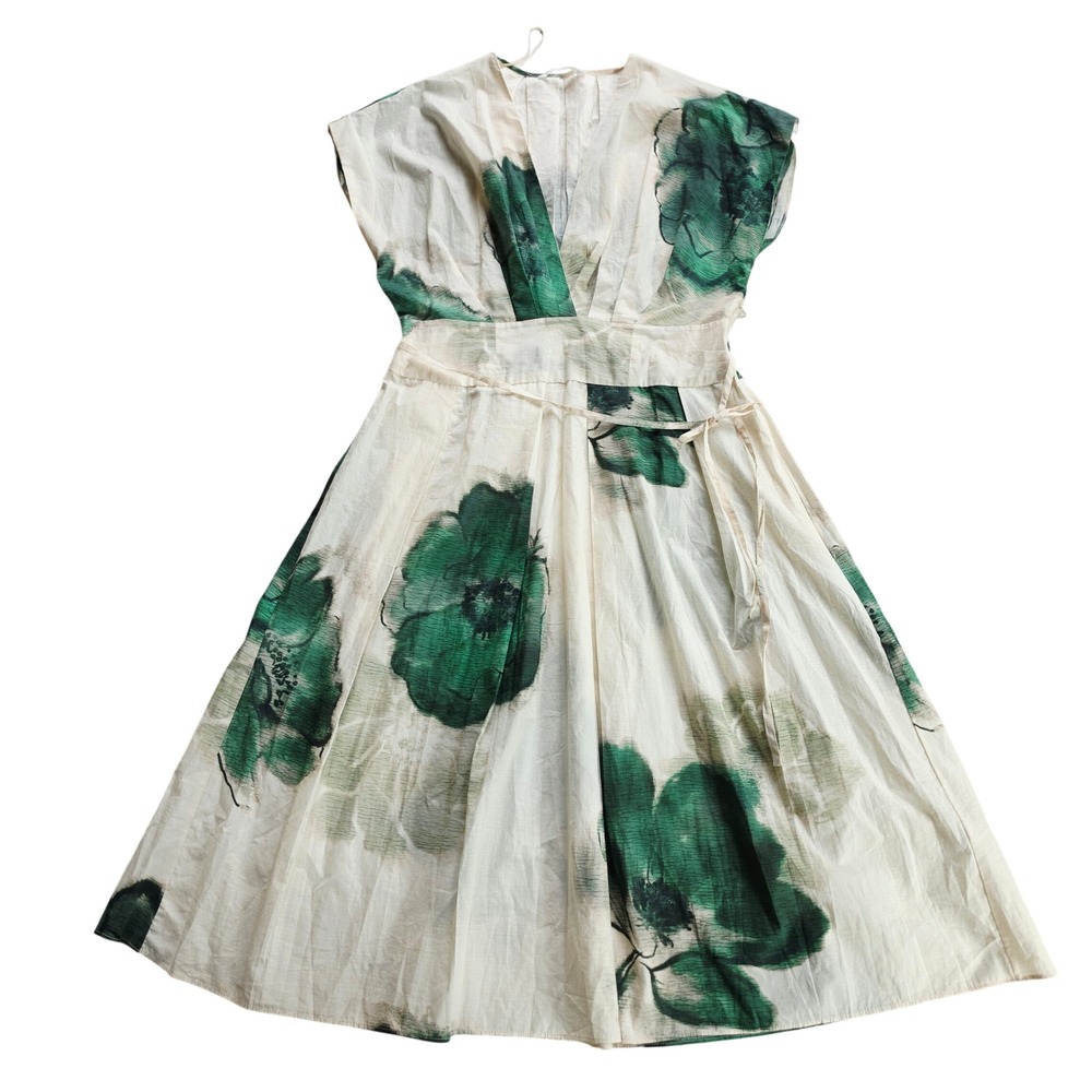 Zara Green Floral Cotton V-Neck Midi Dress Tie Waist Pleated Cream Size XL - Picture 2 of 8
